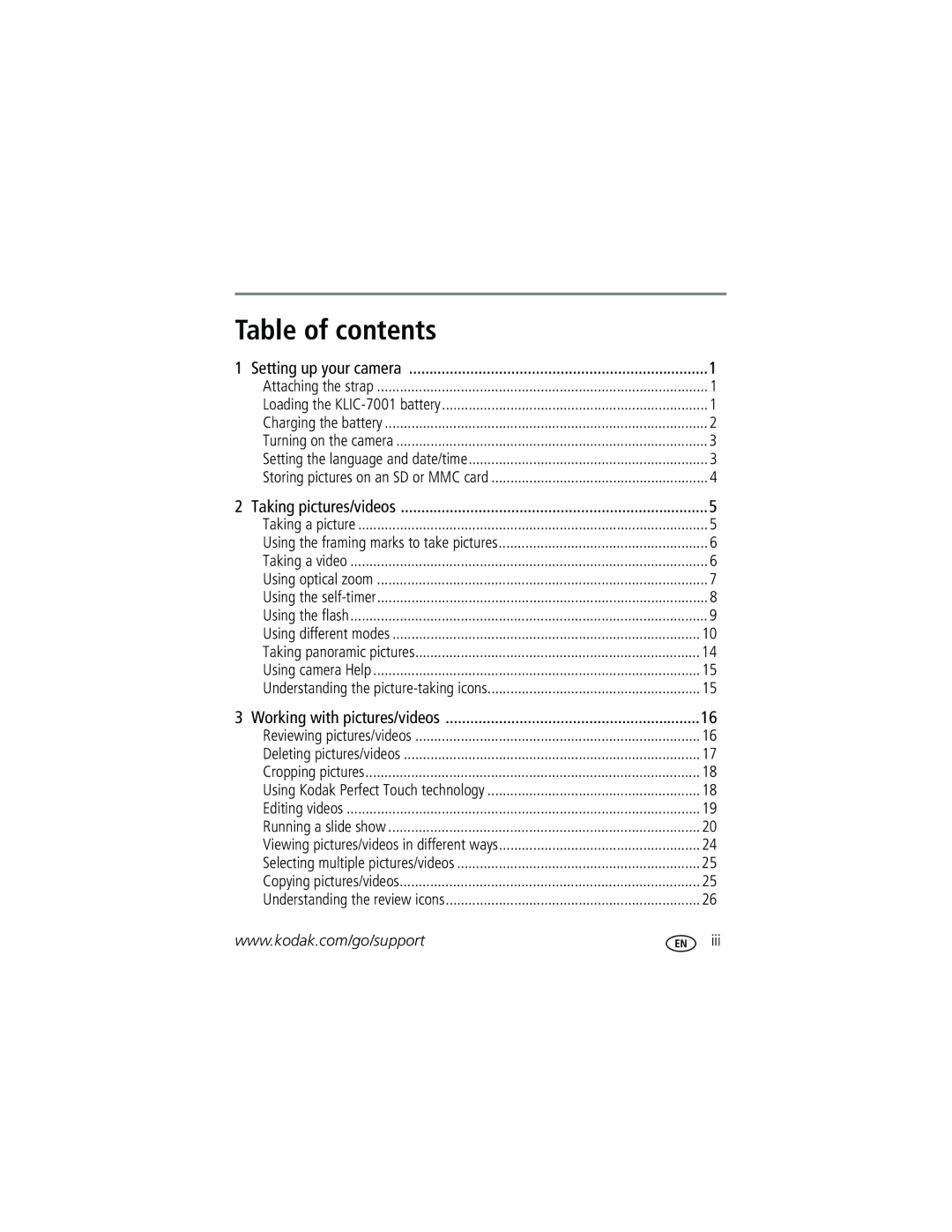 Kodak V705 manual Table of contents 