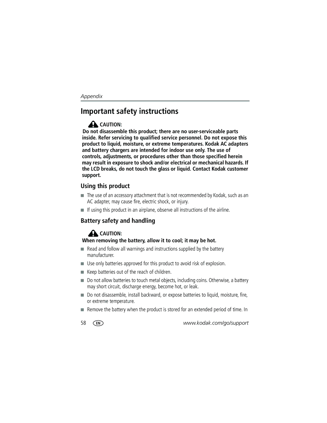 Kodak V705 manual Important safety instructions, Using this product, Battery safety and handling 