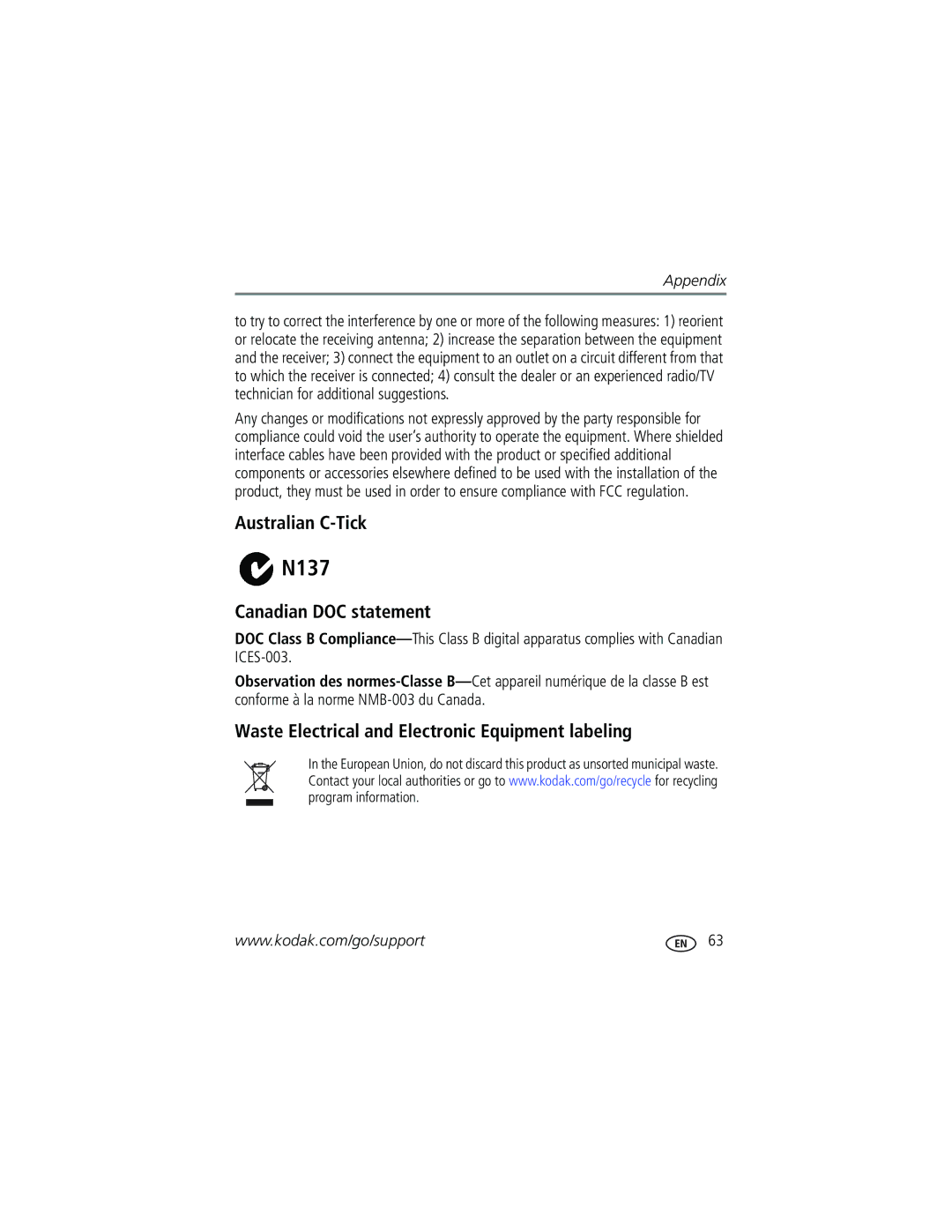 Kodak V705 manual Australian C-Tick, Canadian DOC statement, Waste Electrical and Electronic Equipment labeling 