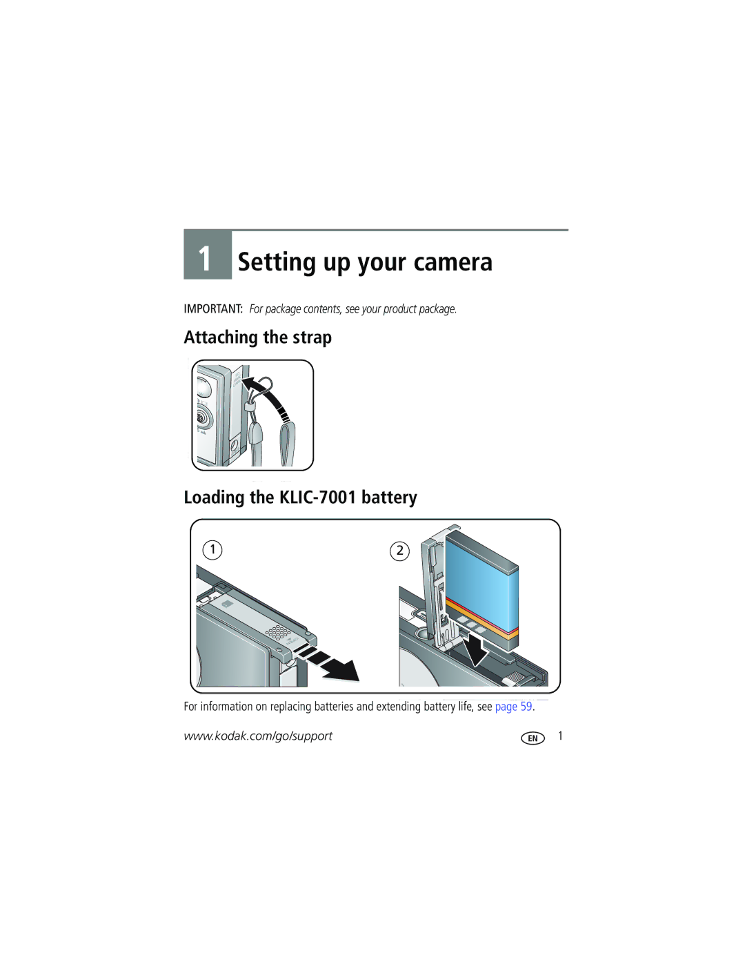 Kodak V705 manual Setting up your camera, Attaching the strap Loading the KLIC-7001 battery 