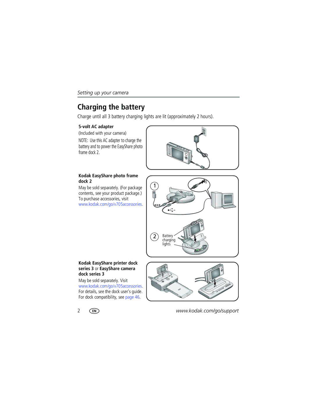 Kodak V705 manual Charging the battery, Volt AC adapter, Kodak EasyShare photo frame Dock 