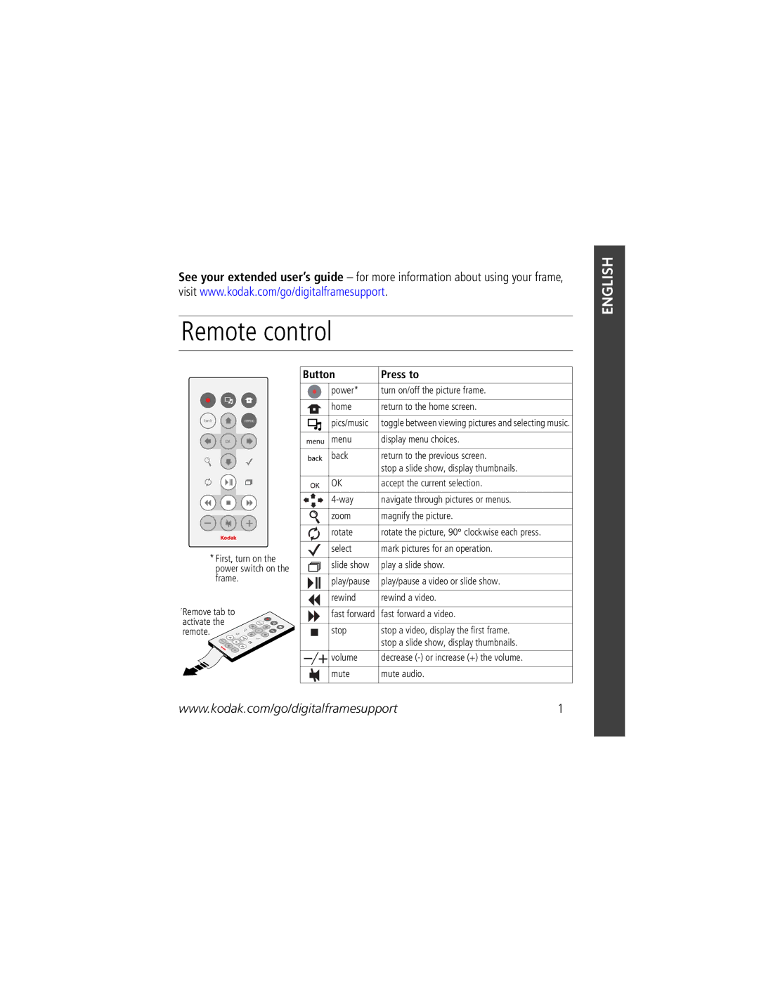 Kodak VCB611AT, VCB411AT manual Remote control, English 