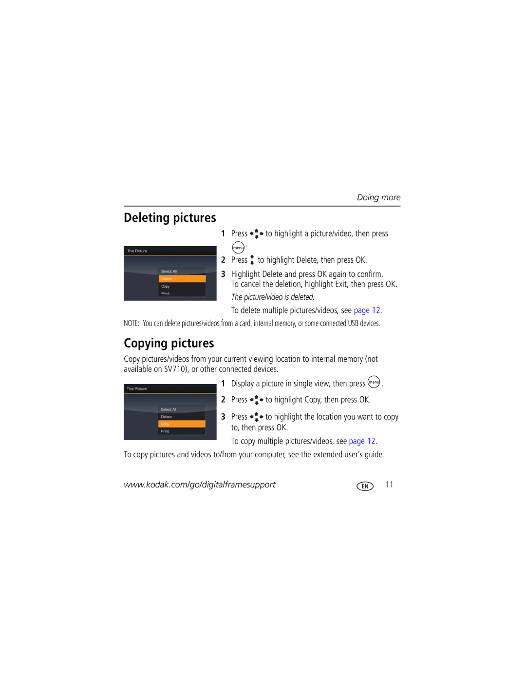 Kodak VCB611AT, VCB411AT manual Deleting pictures, Copying pictures 