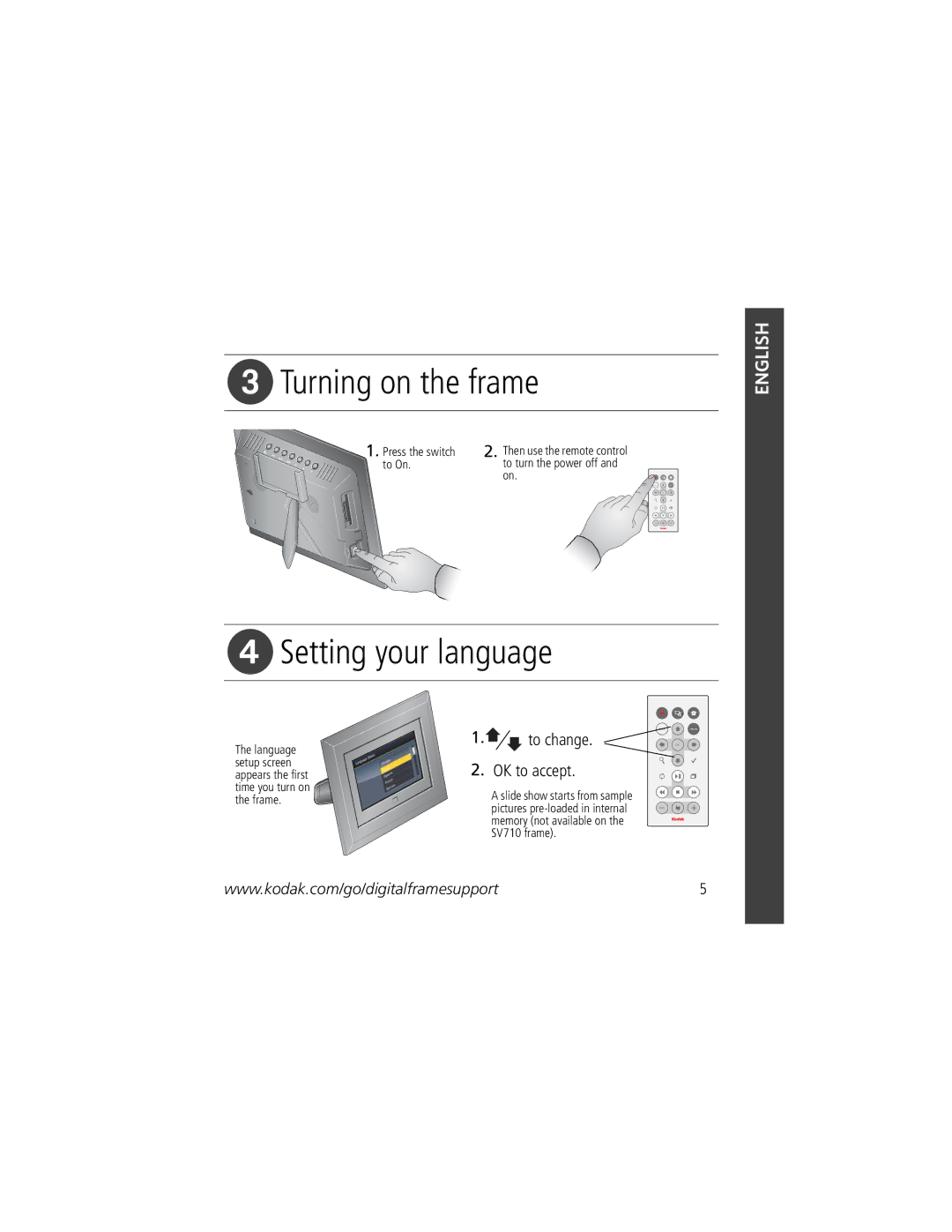 Kodak VCB611AT, VCB411AT manual Turning on the frame, Setting your language, To change OK to accept 