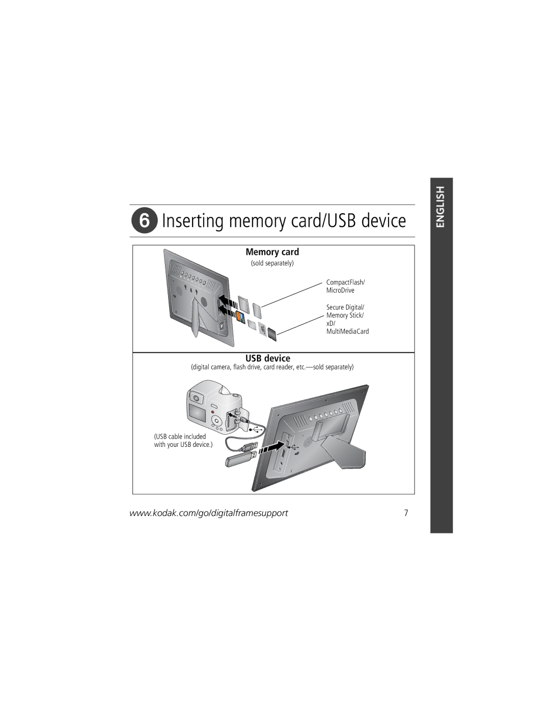 Kodak VCB611AT, VCB411AT manual Inserting memory card/USB device 