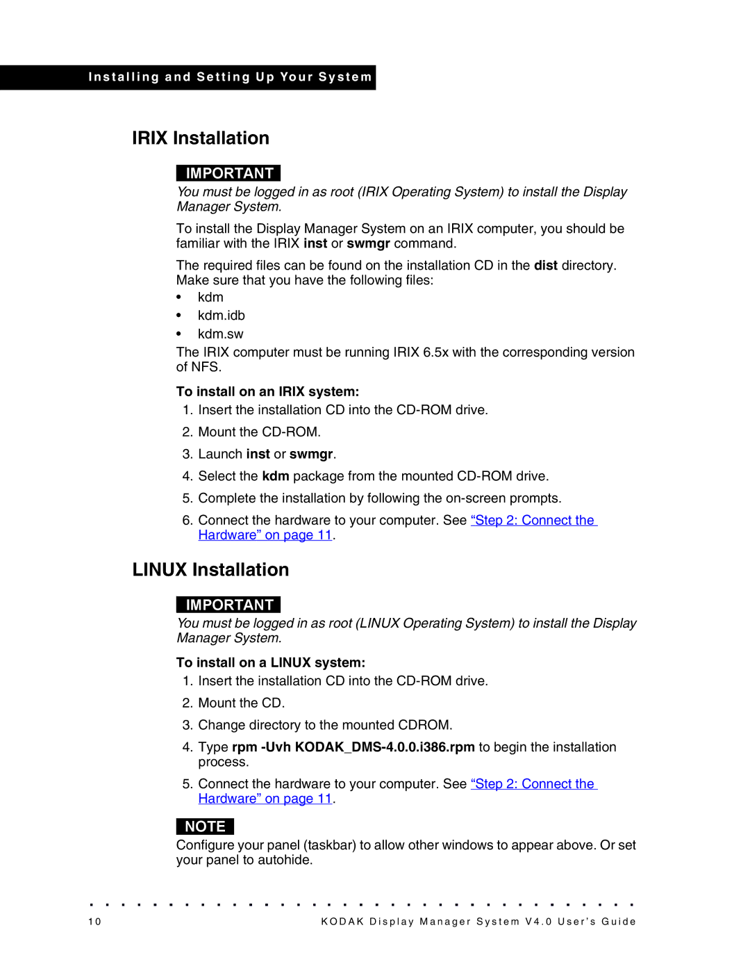 Kodak VERSION 4.0 manual Irix Installation, Linux Installation, To install on an Irix system, To install on a Linux system 