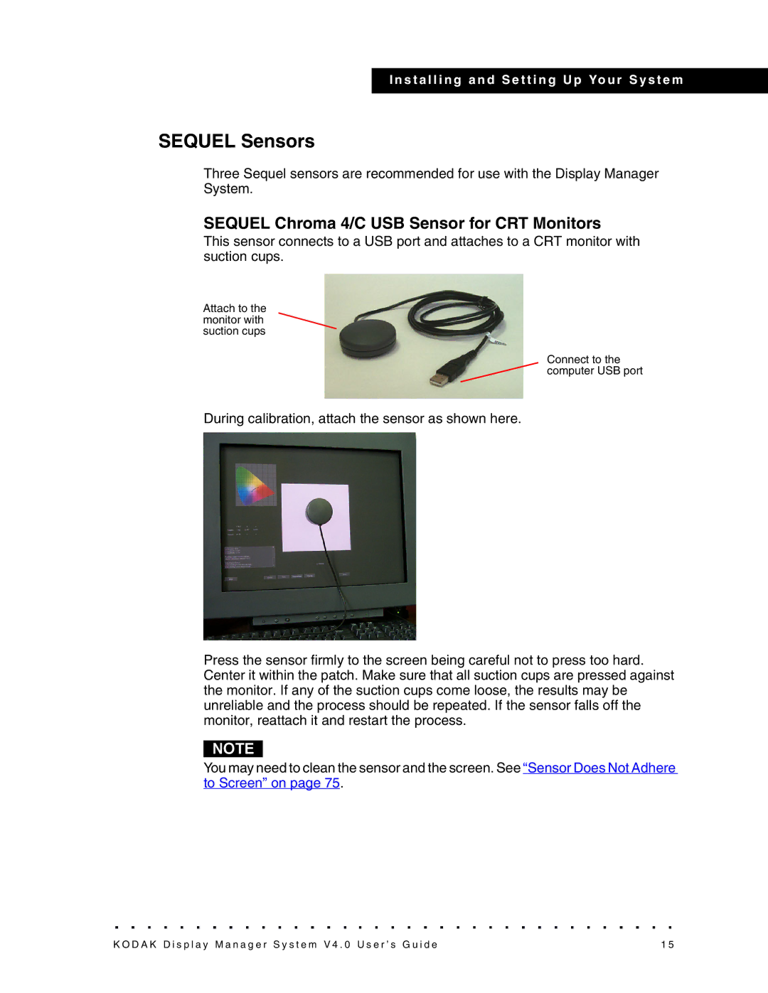 Kodak 4F3698, VERSION 4.0 manual Sequel Sensors, Sequel Chroma 4/C USB Sensor for CRT Monitors 