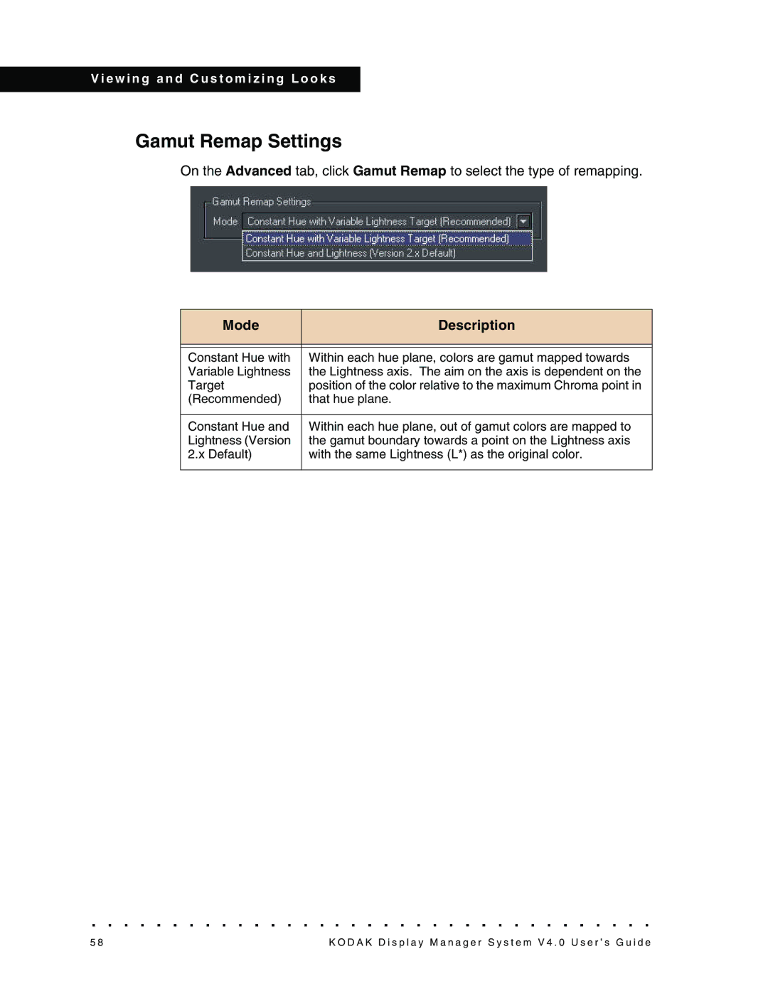 Kodak VERSION 4.0, 4F3698 manual Gamut Remap Settings, Mode Description 