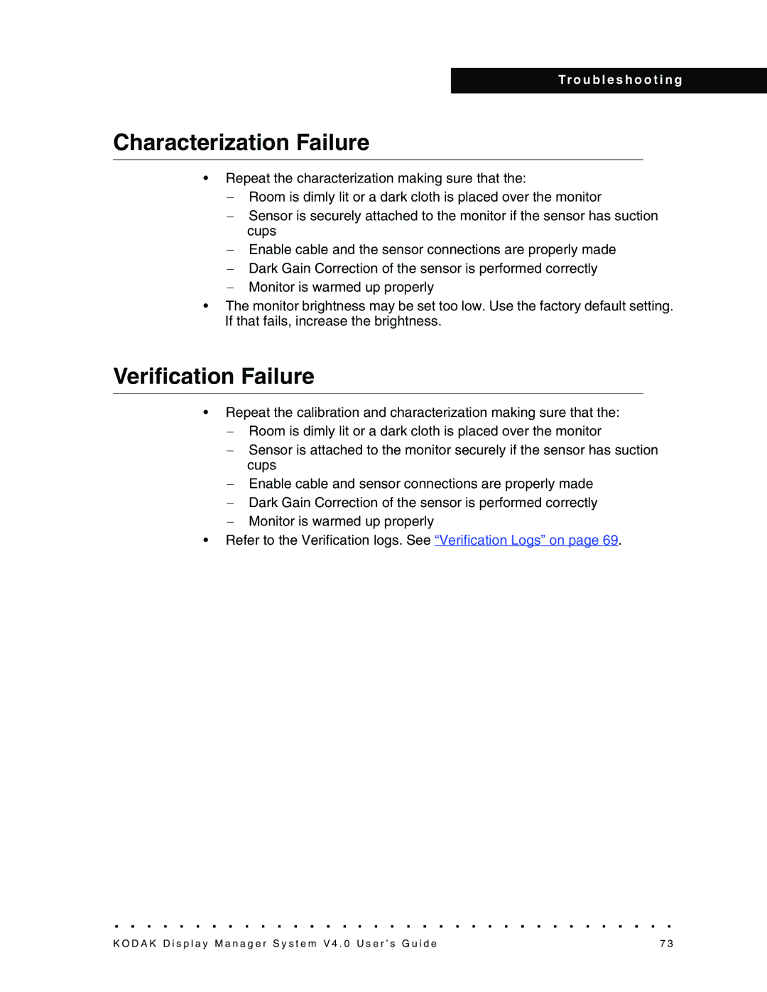 Kodak 4F3698, VERSION 4.0 manual Characterization Failure, Verification Failure 