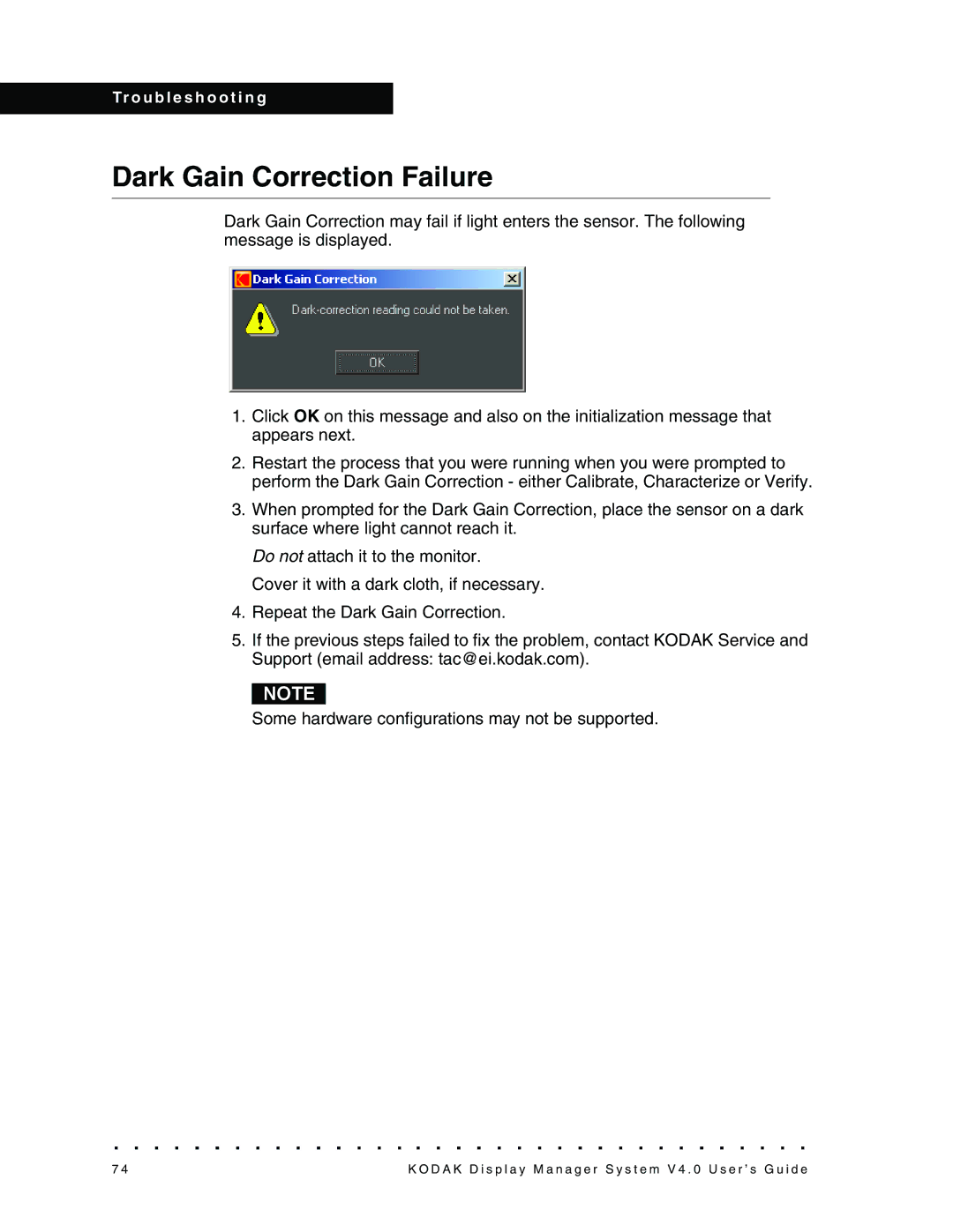Kodak VERSION 4.0, 4F3698 manual Dark Gain Correction Failure 