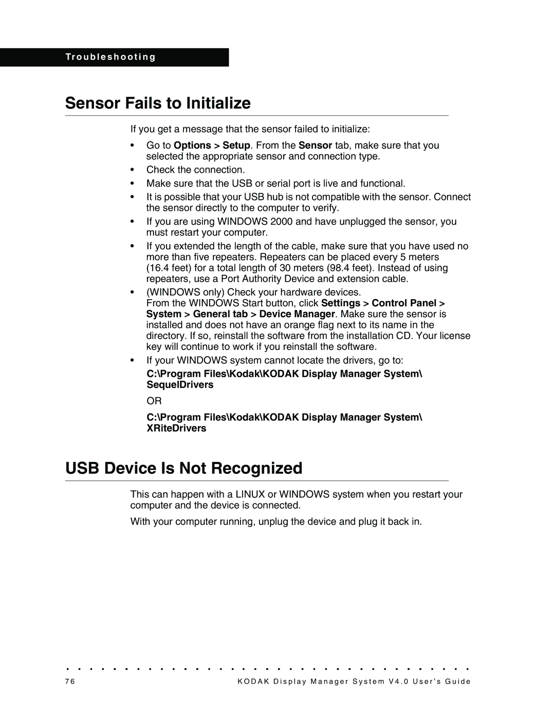 Kodak VERSION 4.0, 4F3698 manual Sensor Fails to Initialize, USB Device Is Not Recognized 