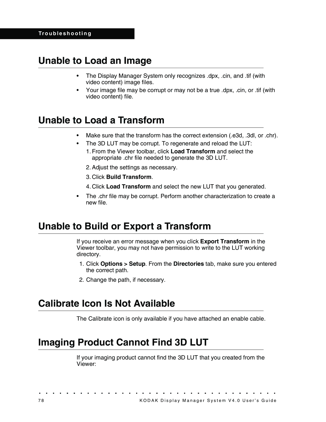 Kodak VERSION 4.0, 4F3698 manual Unable to Load an Image, Unable to Load a Transform, Unable to Build or Export a Transform 