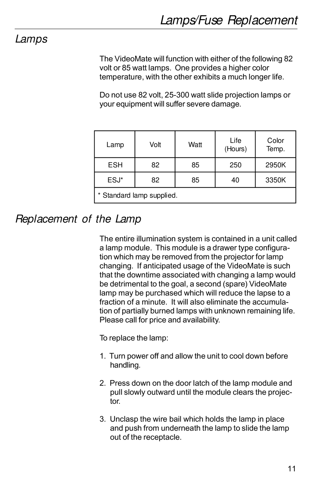 Kodak VIDEOMATE 2030P instruction manual Lamps/Fuse Replacement, Replacement of the Lamp 