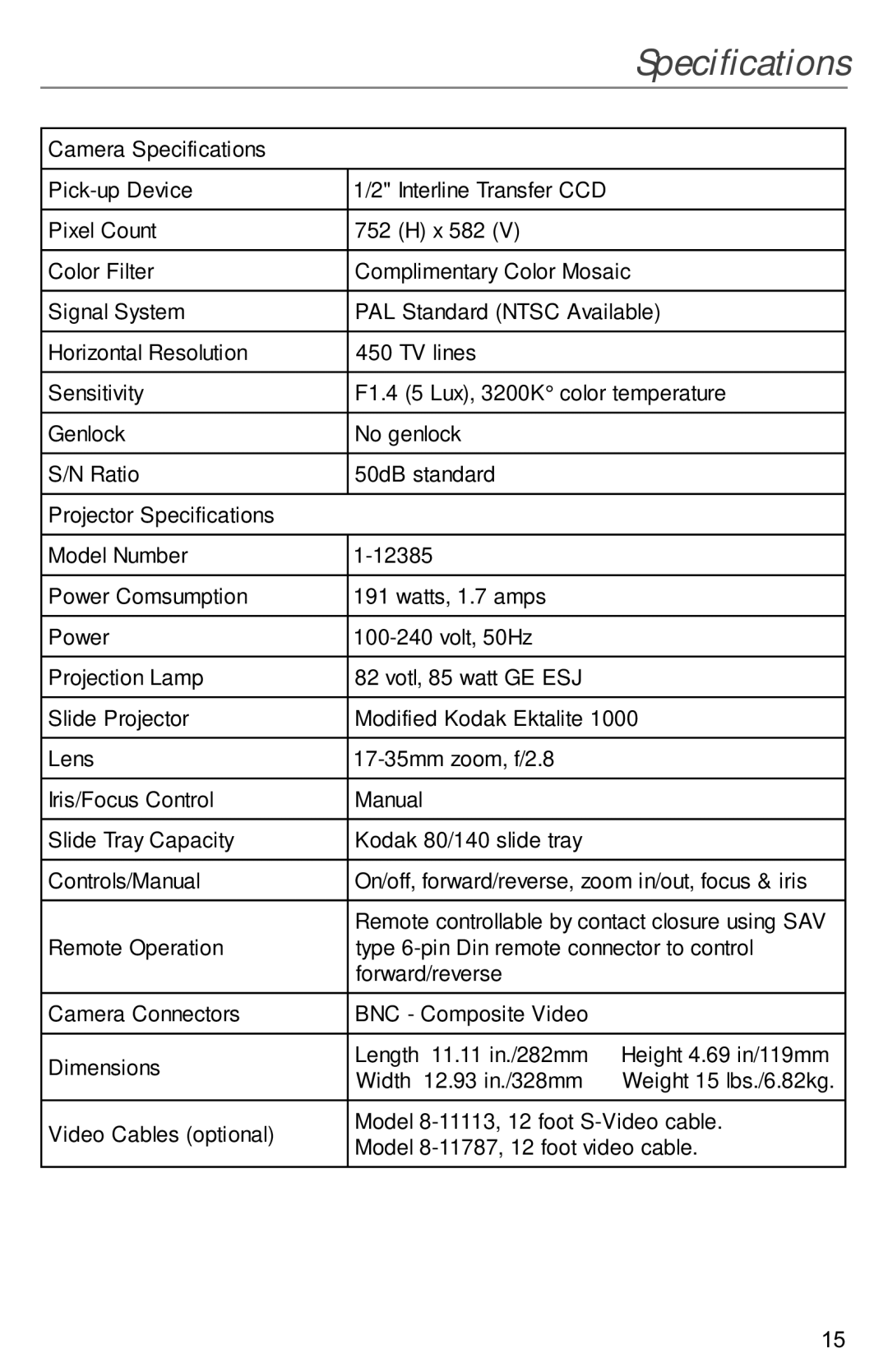 Kodak VIDEOMATE 2030P instruction manual Specifications 