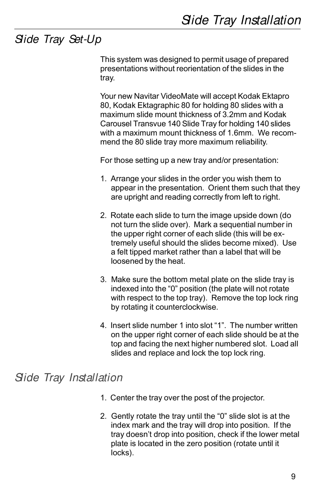 Kodak VIDEOMATE 2030P instruction manual Slide Tray Installation, Slide Tray Set-Up 