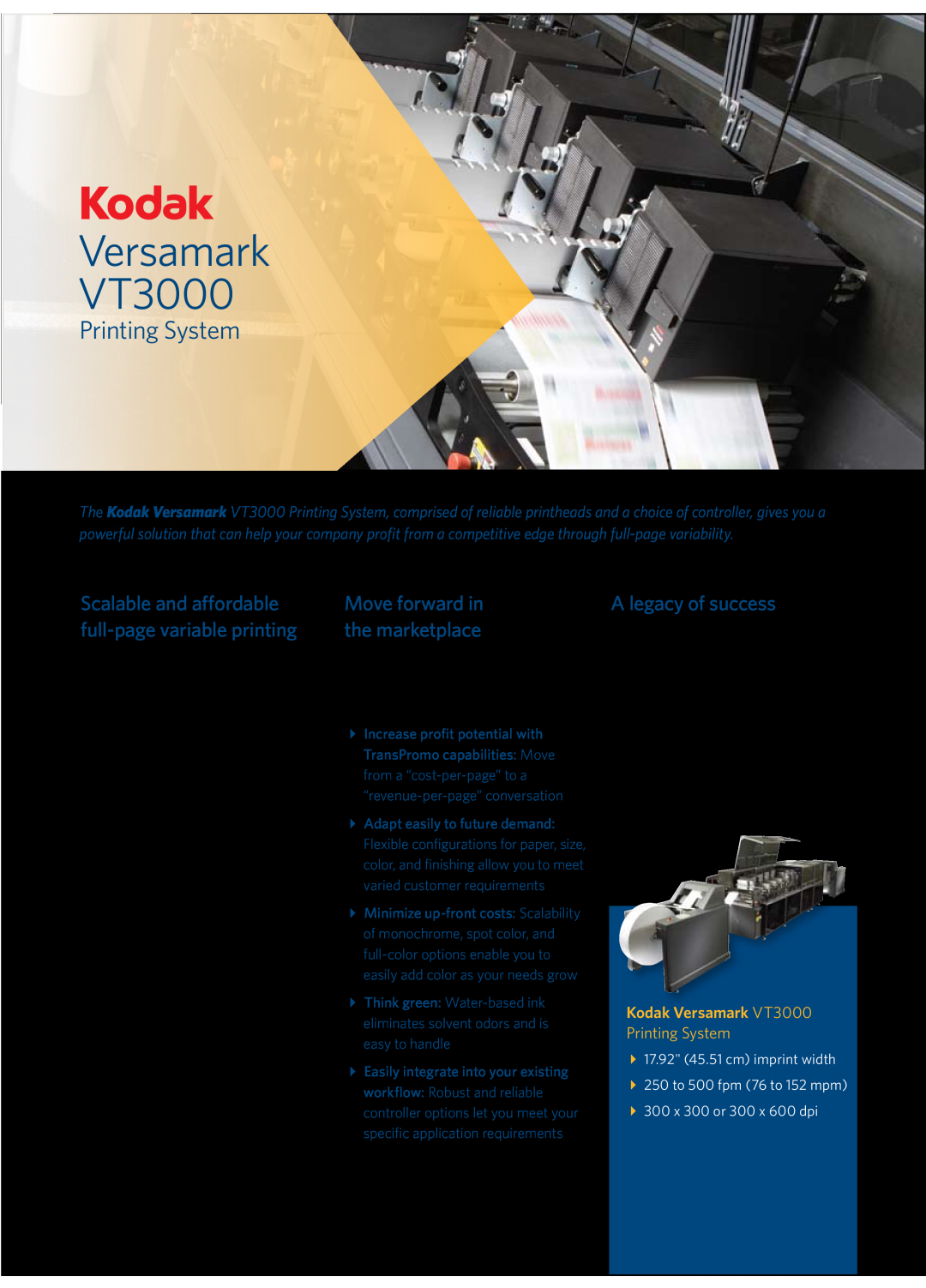 Kodak manual in the expanding TransPromo print market, Versamark VT3000, Printing System, A legacy of success 