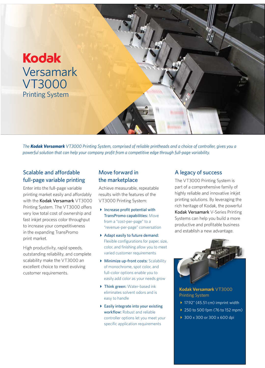 Kodak VT3000 manual Scalable and affordable full-page variable printing, Move forward in the marketplace 