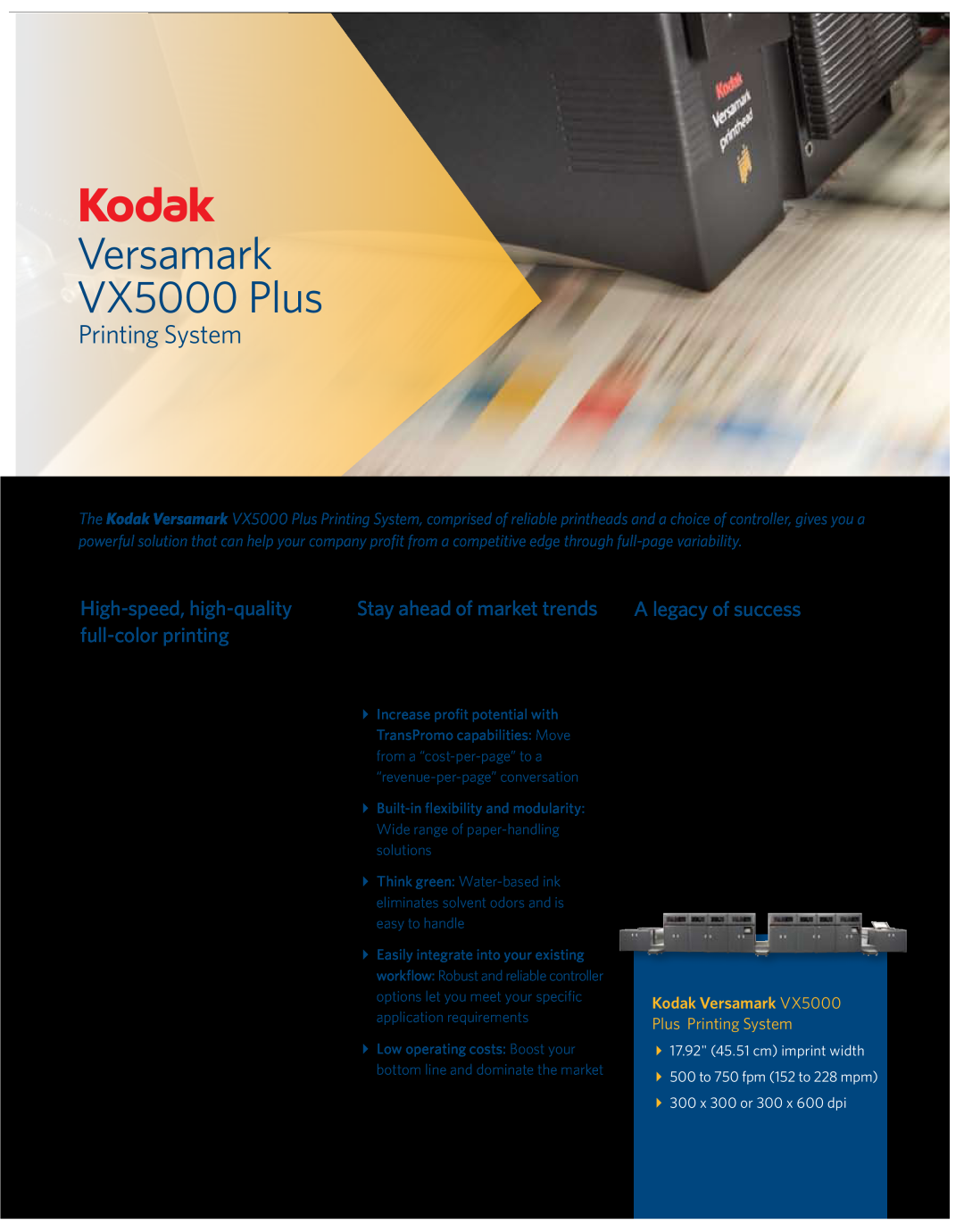 Kodak manual Versamark VX5000 Plus, Printing System, Stay ahead of market trends, A legacy of success, Kodak Versamark 