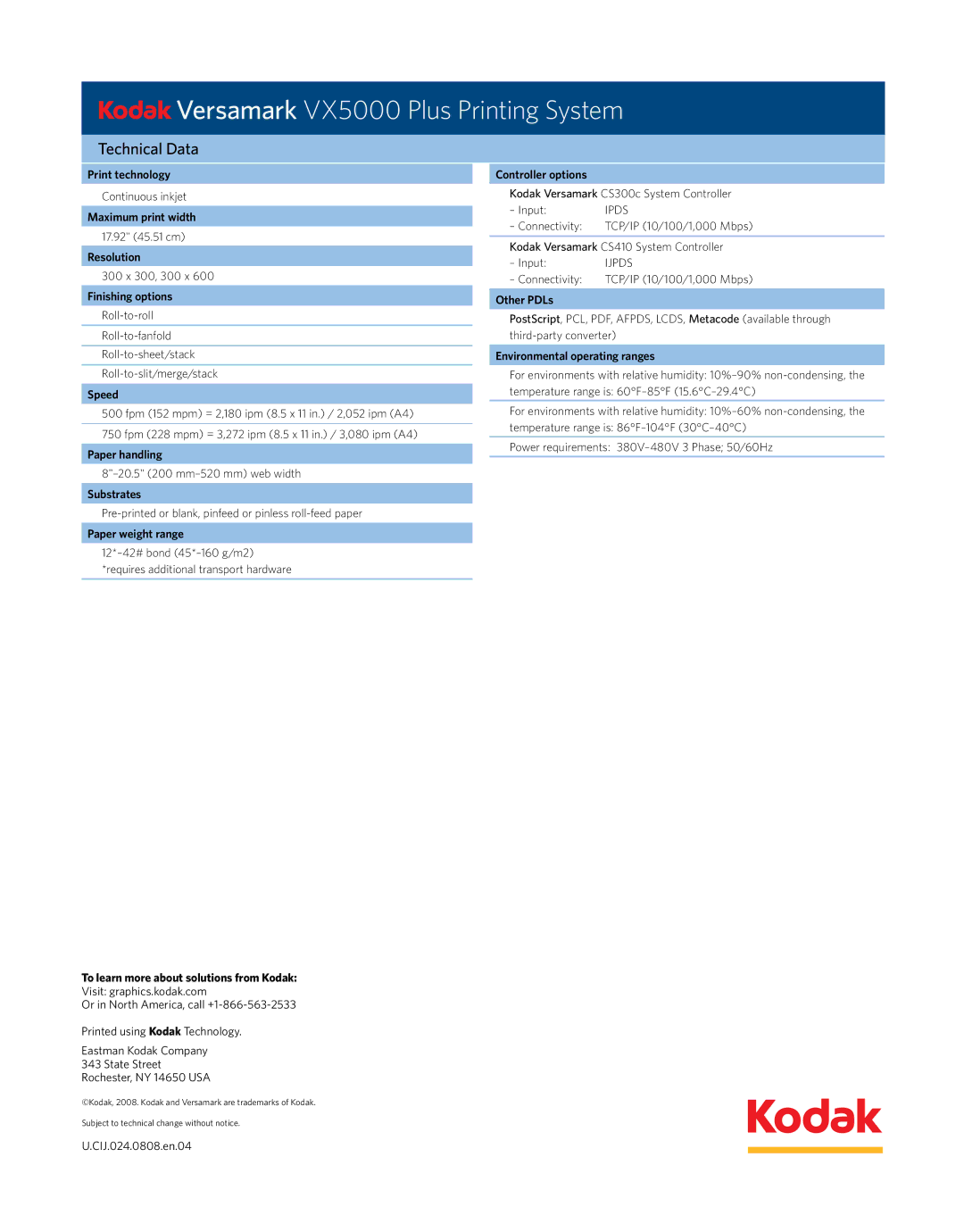 Kodak VX5000 manual Print technology, Maximum print width, Resolution, Finishing options, Speed, Paper handling, Substrates 