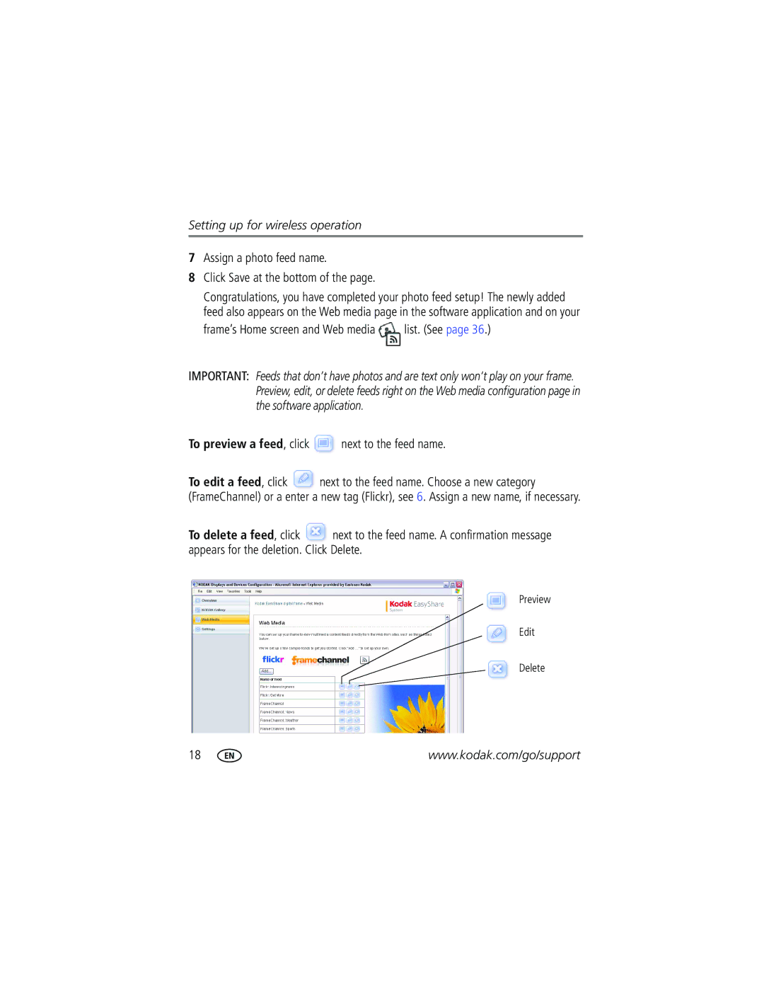 Kodak W1020 manual Assign a photo feed name Click Save at the bottom, Frame’s Home screen and Web media list. See 