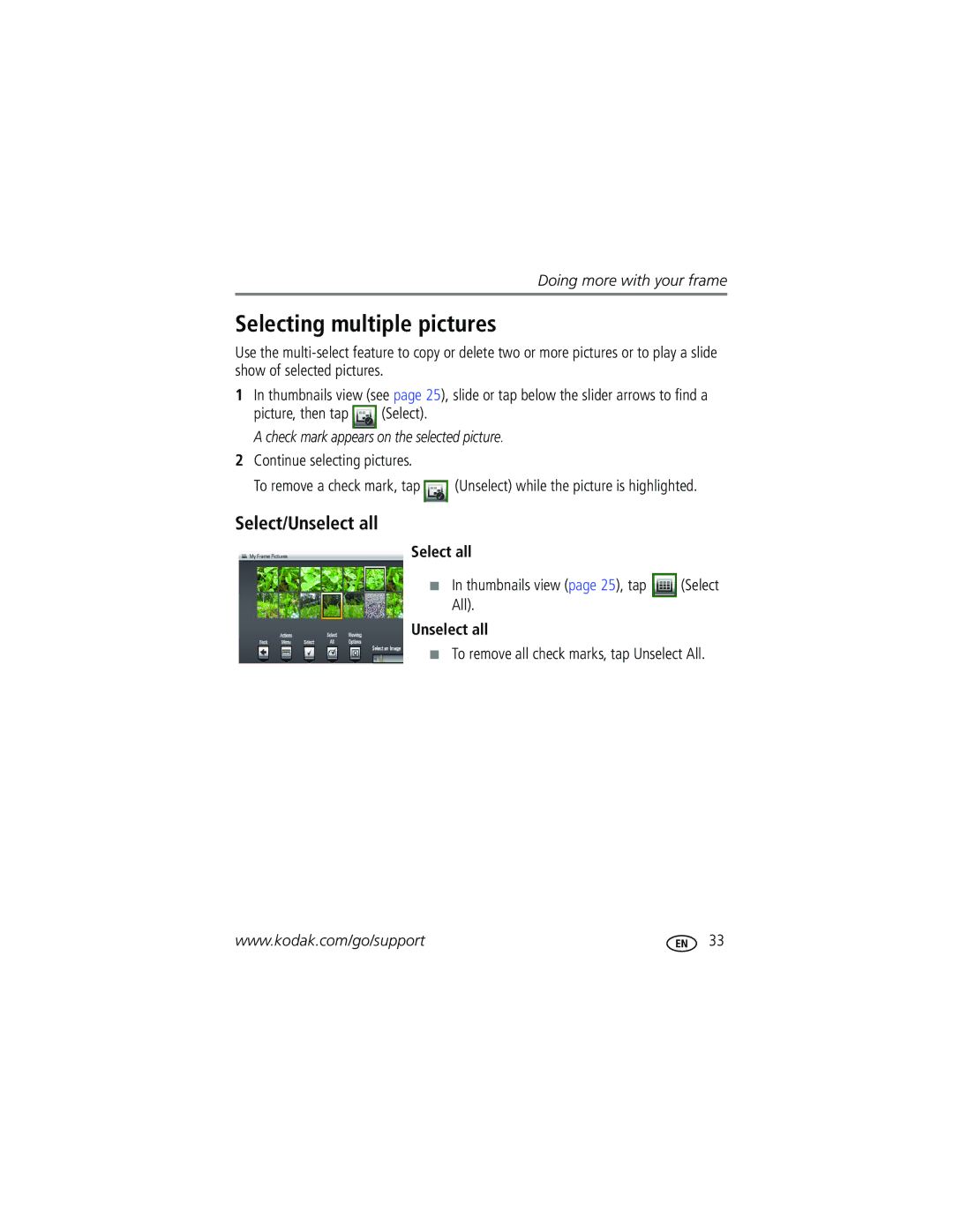 Kodak W1020 manual Selecting multiple pictures, Select/Unselect all, Check mark appears on the selected picture, Select all 