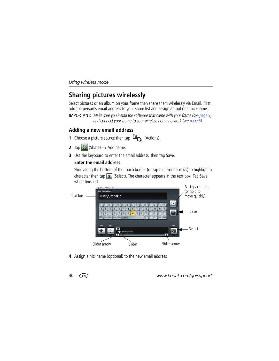 Kodak W1020 manual Sharing pictures wirelessly, Adding a new email address, Enter the email address 