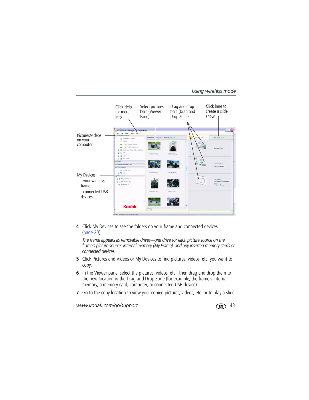 Kodak W1020 manual Click Help, Drag and drop, For more Here Viewer Here Drag, Info Pane Drop Zone Show, My Devices 