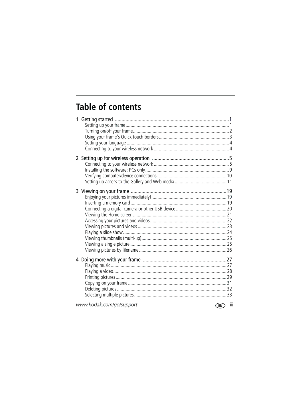 Kodak W1020 manual Table of contents 