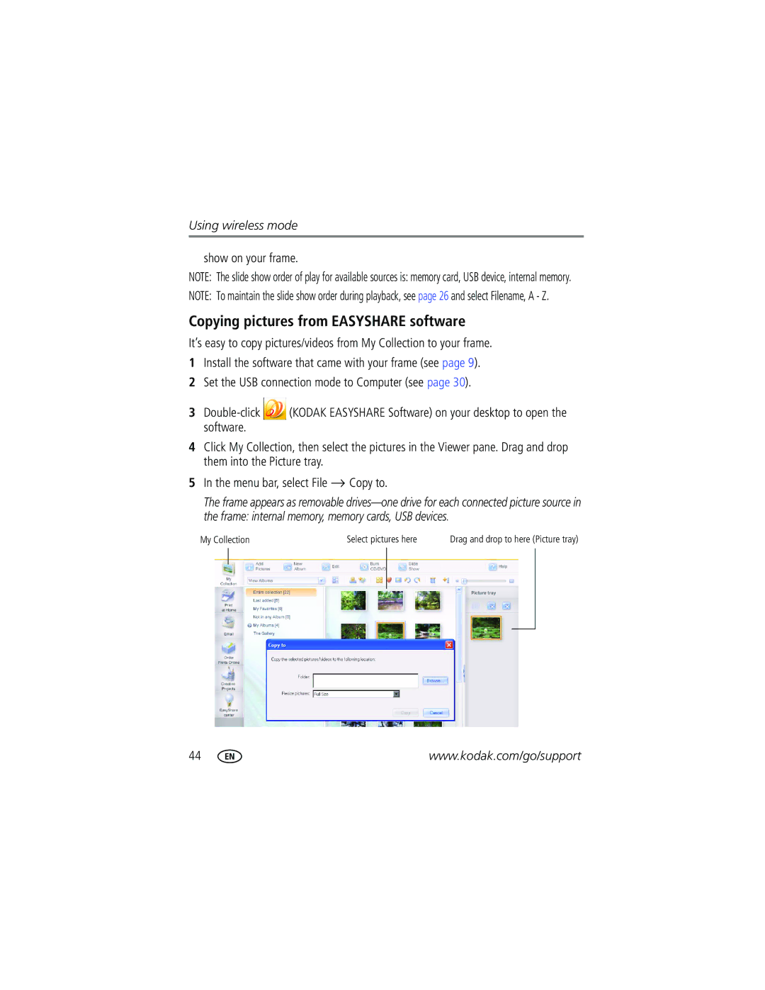 Kodak W1020 manual Copying pictures from Easyshare software, Show on your frame 