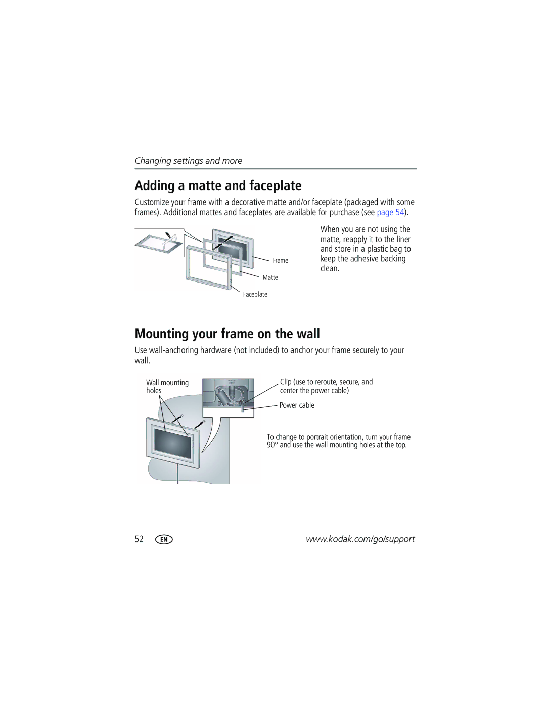 Kodak W1020 manual Adding a matte and faceplate, Mounting your frame on the wall, Power cable 