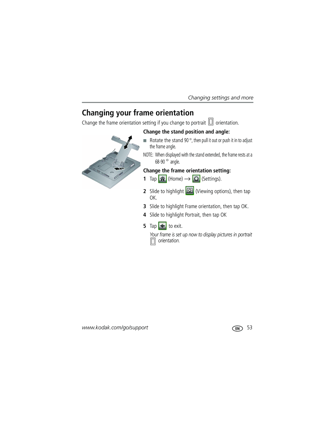 Kodak W1020 Changing your frame orientation, Change the stand position and angle, Change the frame orientation setting 