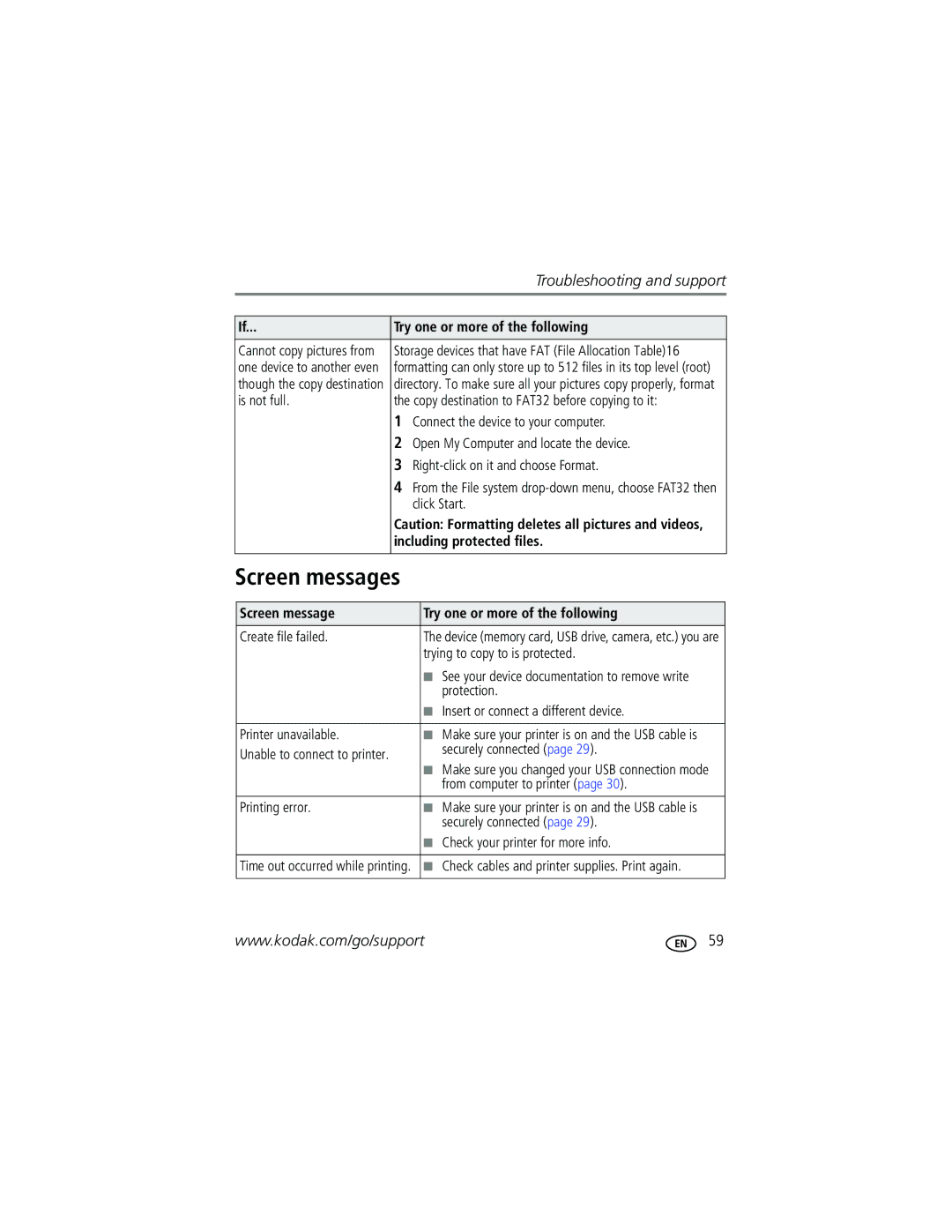 Kodak W1020 manual Screen messages 