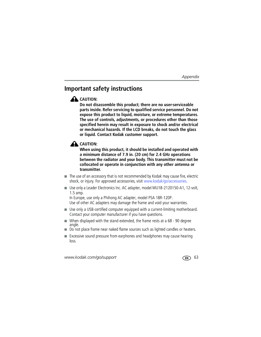 Kodak W1020 manual Important safety instructions 