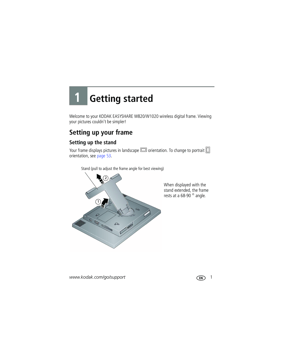 Kodak W1020 manual Getting started, Setting up your frame, Setting up the stand 