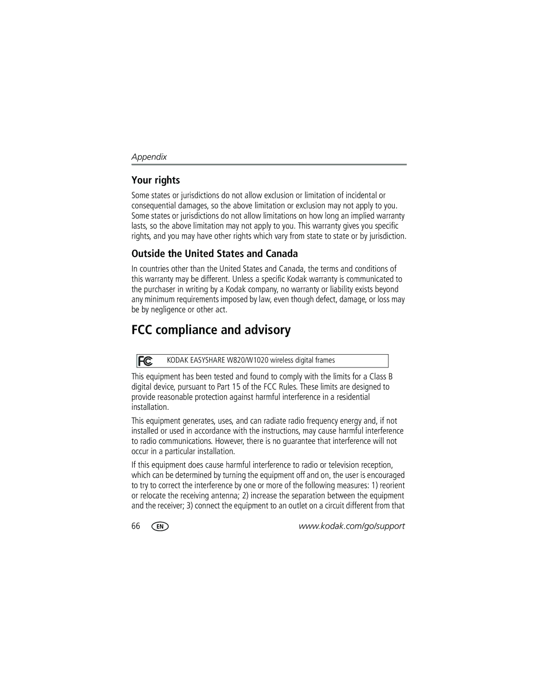 Kodak W1020 manual FCC compliance and advisory, Your rights, Outside the United States and Canada 