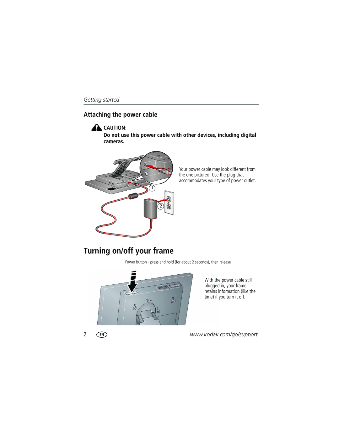 Kodak W1020 manual Turning on/off your frame, Attaching the power cable 