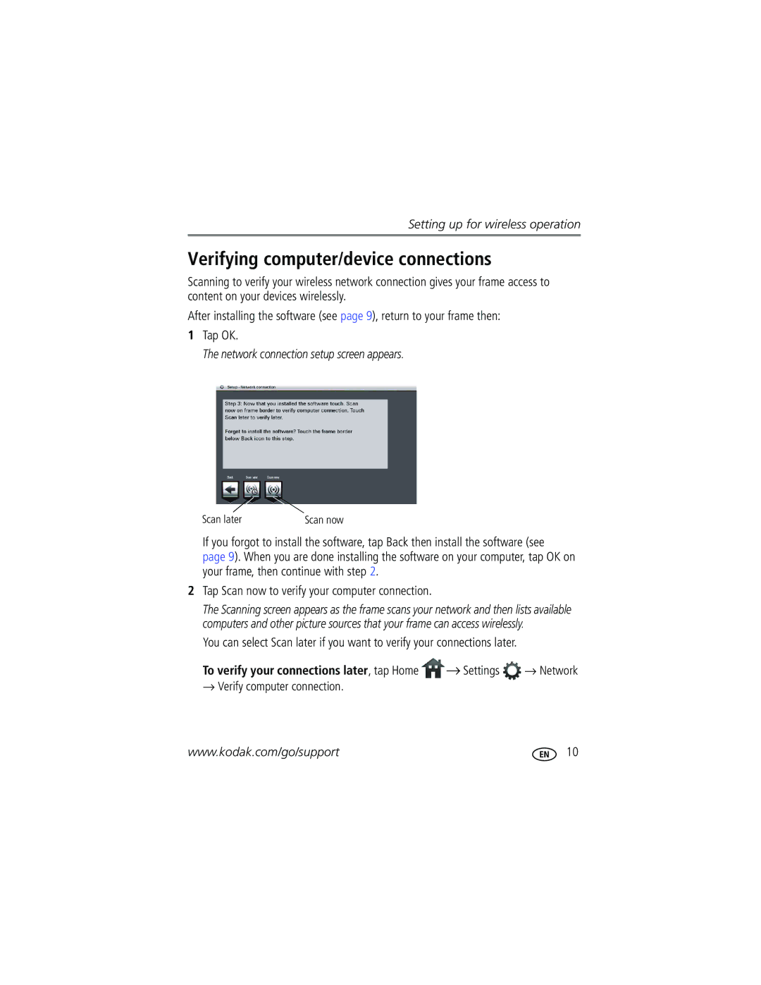 Kodak W1020, W820 manual Verifying computer/device connections, Network connection setup screen appears 