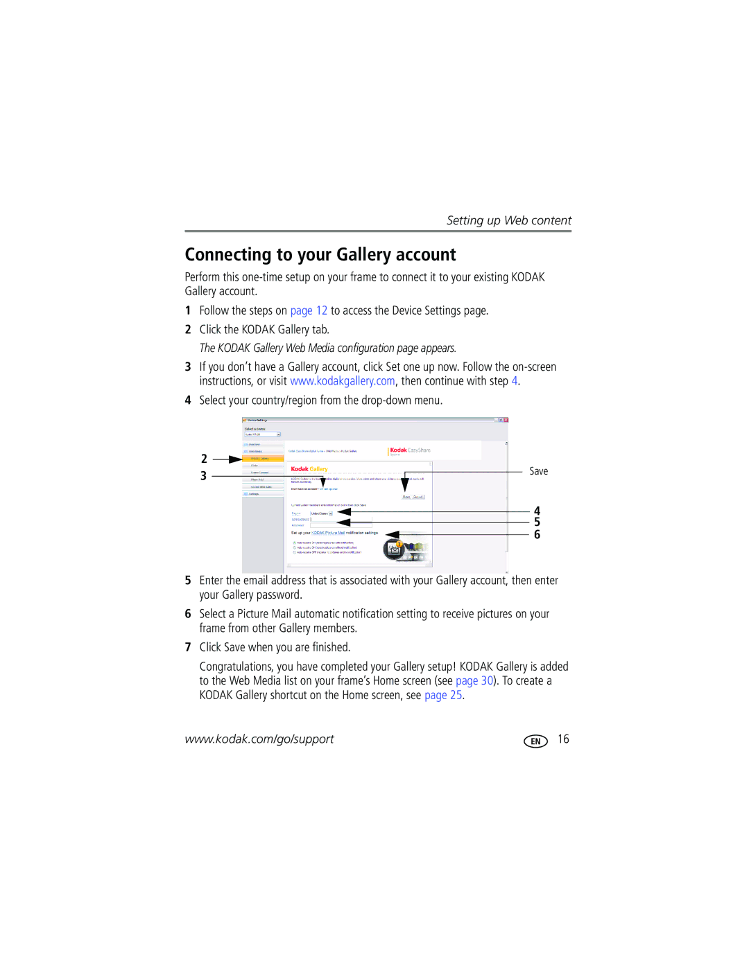 Kodak W1020, W820 manual Connecting to your Gallery account, Kodak Gallery Web Media configuration page appears 