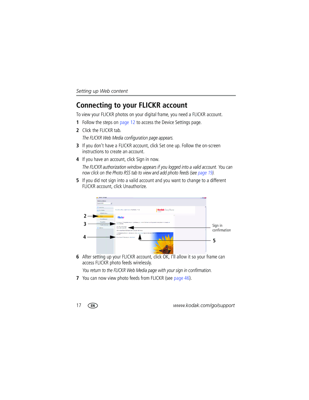 Kodak W820, W1020 manual Connecting to your Flickr account, Flickr Web Media configuration page appears 