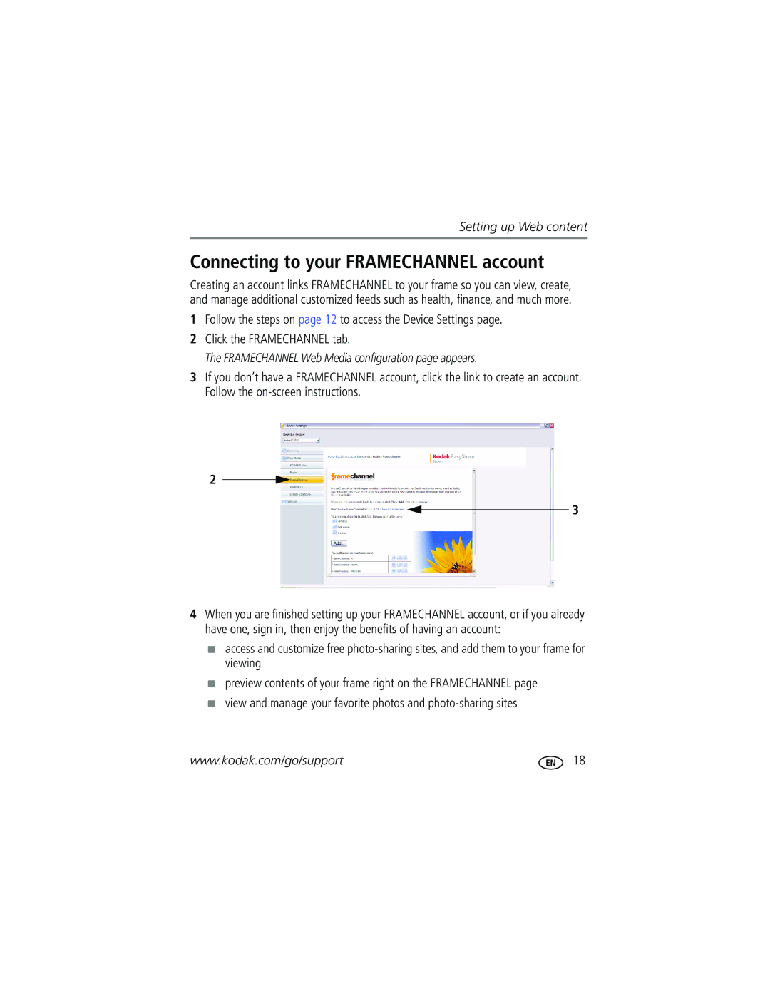 Kodak W1020, W820 manual Connecting to your Framechannel account, Framechannel Web Media configuration page appears 