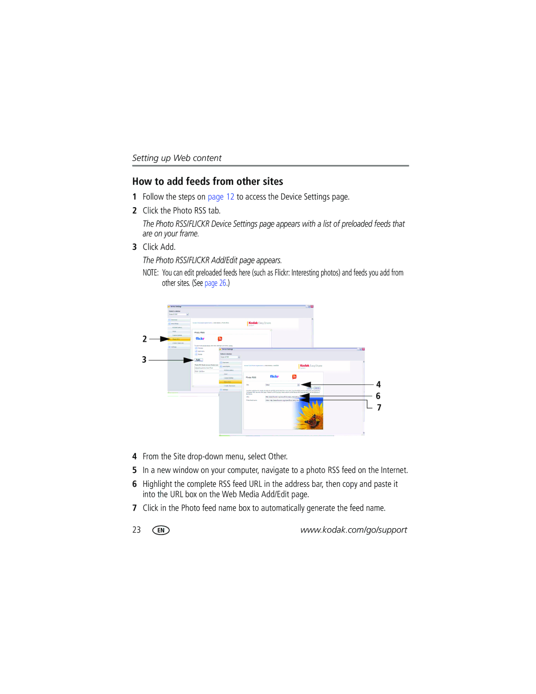 Kodak W820, W1020 manual How to add feeds from other sites, From the Site drop-down menu, select Other 