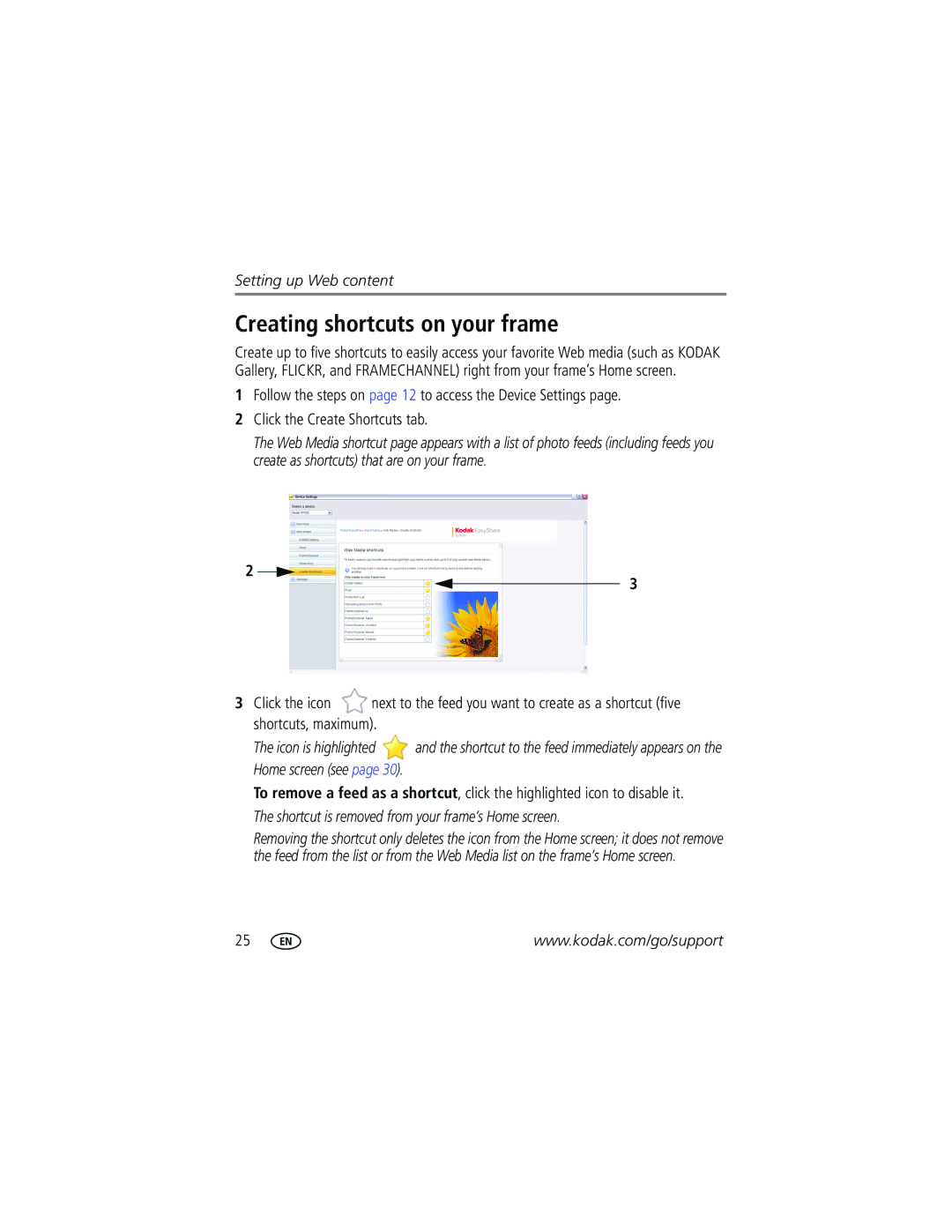 Kodak W820, W1020 manual Creating shortcuts on your frame 