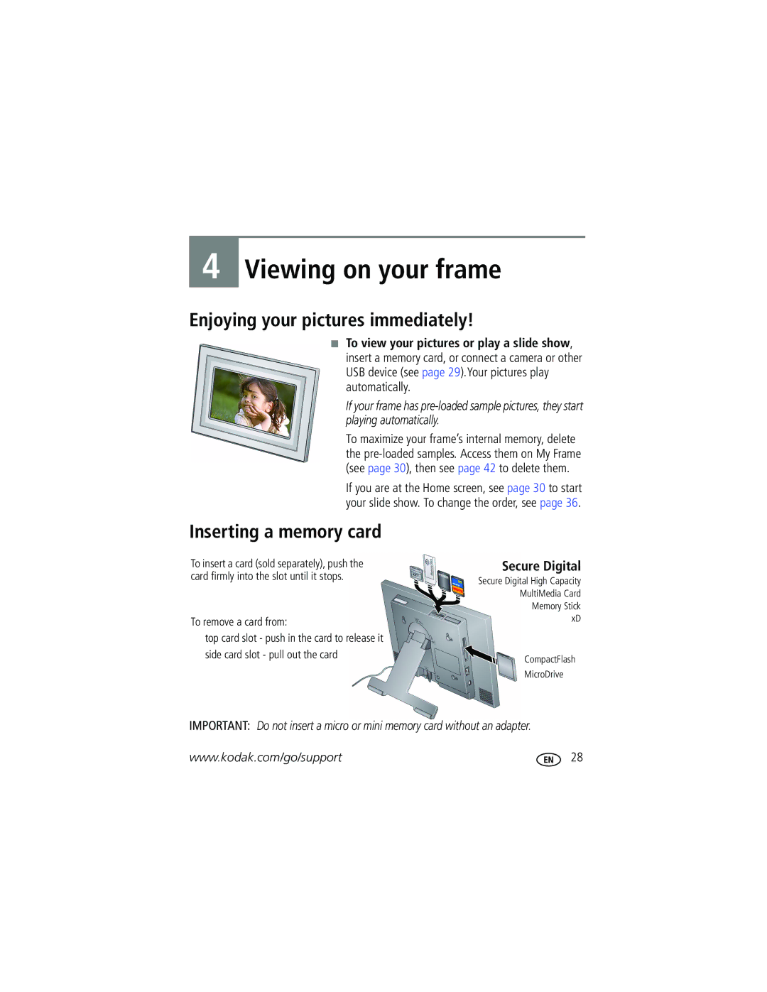 Kodak W1020, W820 manual Viewing on your frame, Enjoying your pictures immediately, Inserting a memory card, Secure Digital 