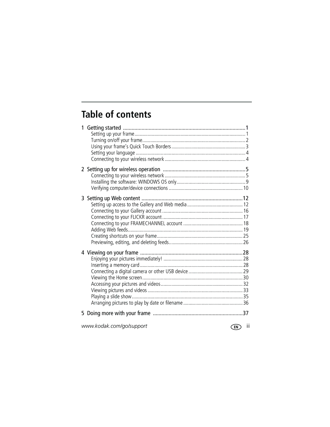 Kodak W1020, W820 manual Table of contents 