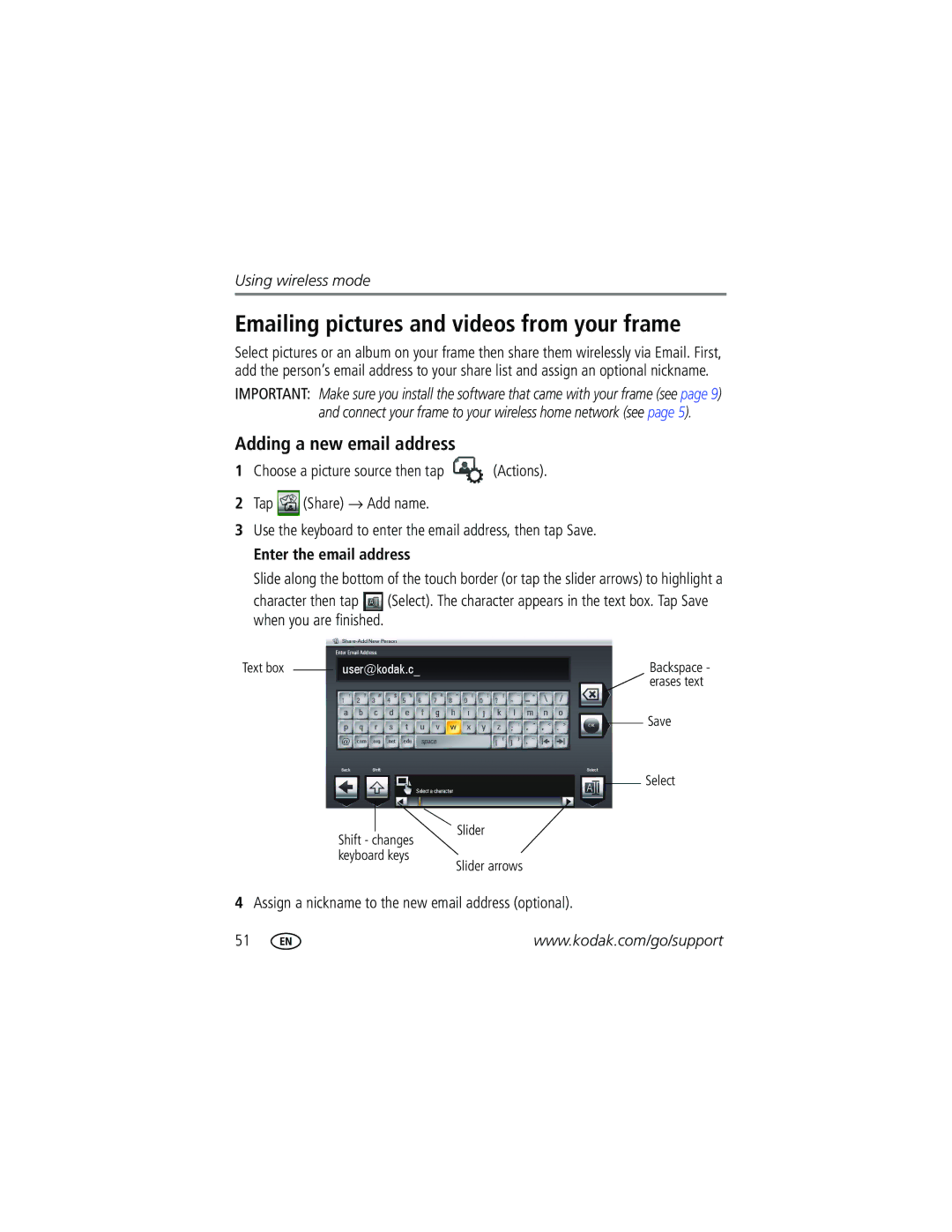 Kodak W820, W1020 manual Emailing pictures and videos from your frame, Adding a new email address, Enter the email address 