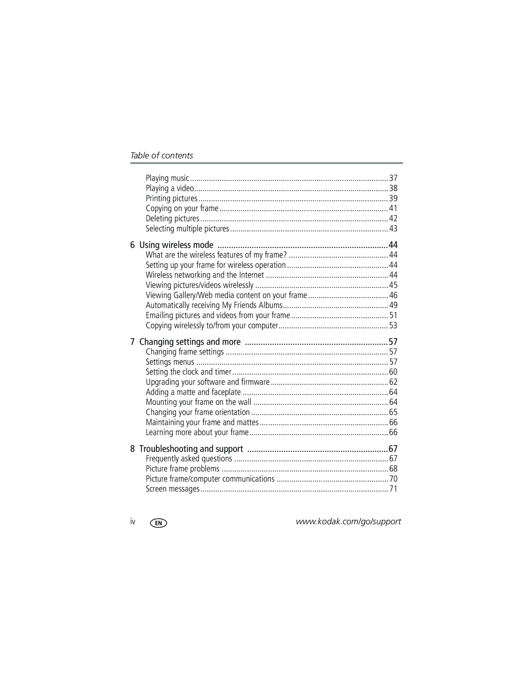 Kodak W820, W1020 manual Table of contents 