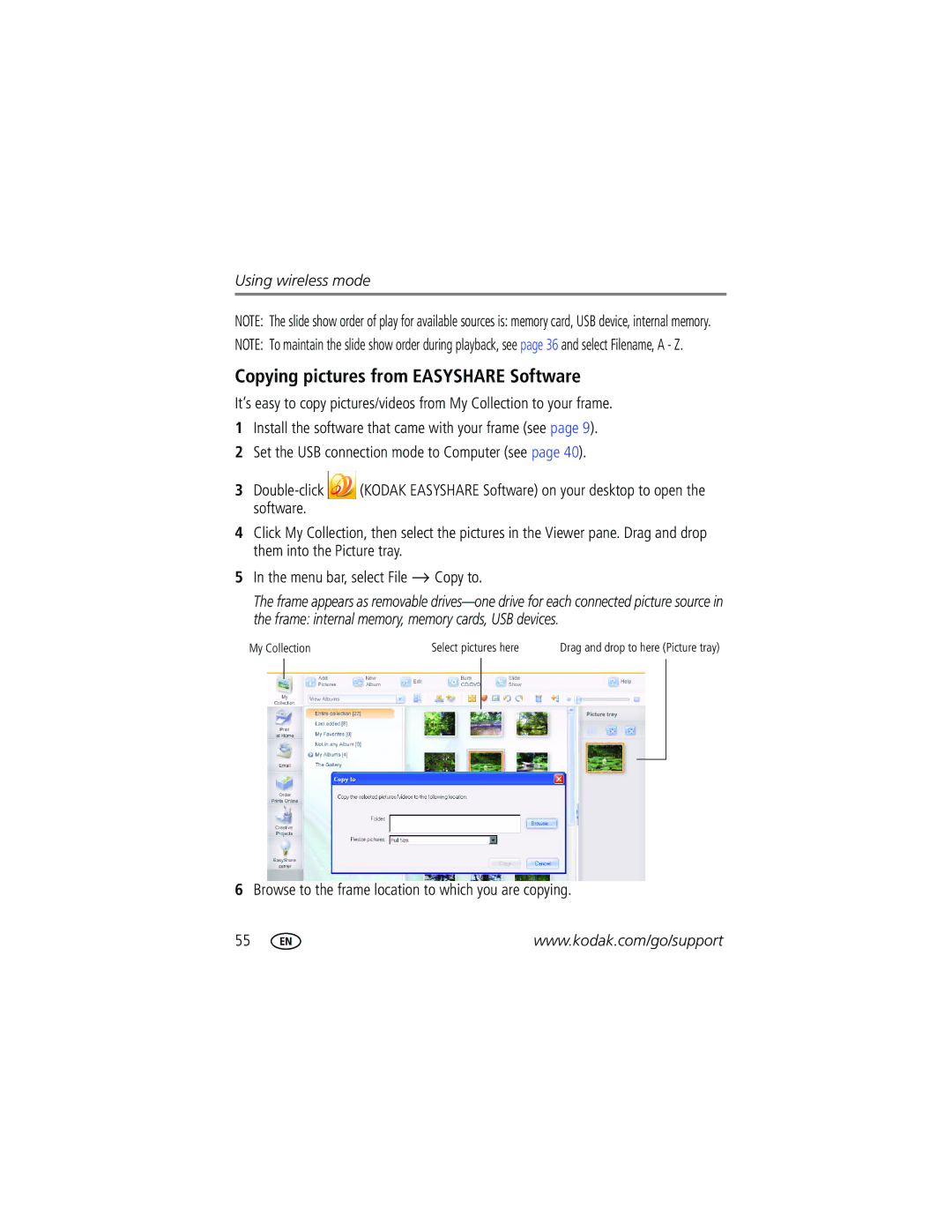 Kodak W820, W1020 manual Copying pictures from Easyshare Software, Browse to the frame location to which you are copying 