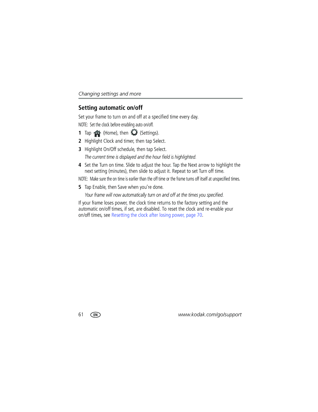 Kodak W820, W1020 manual Setting automatic on/off, Current time is displayed and the hour field is highlighted 