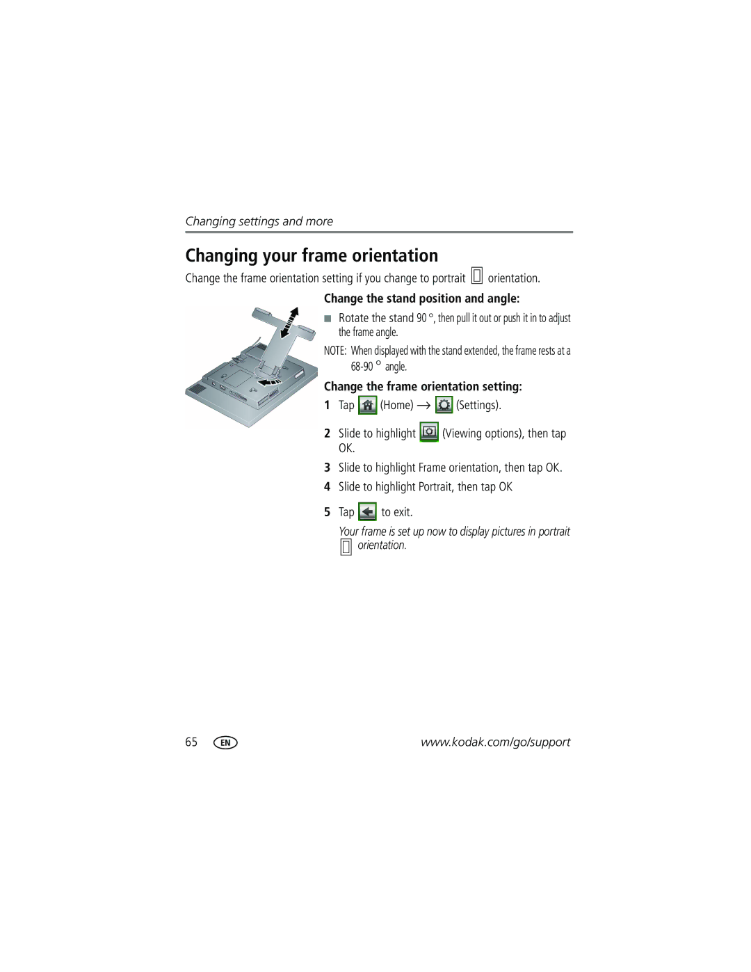 Kodak W820 Changing your frame orientation, Change the stand position and angle, Change the frame orientation setting 