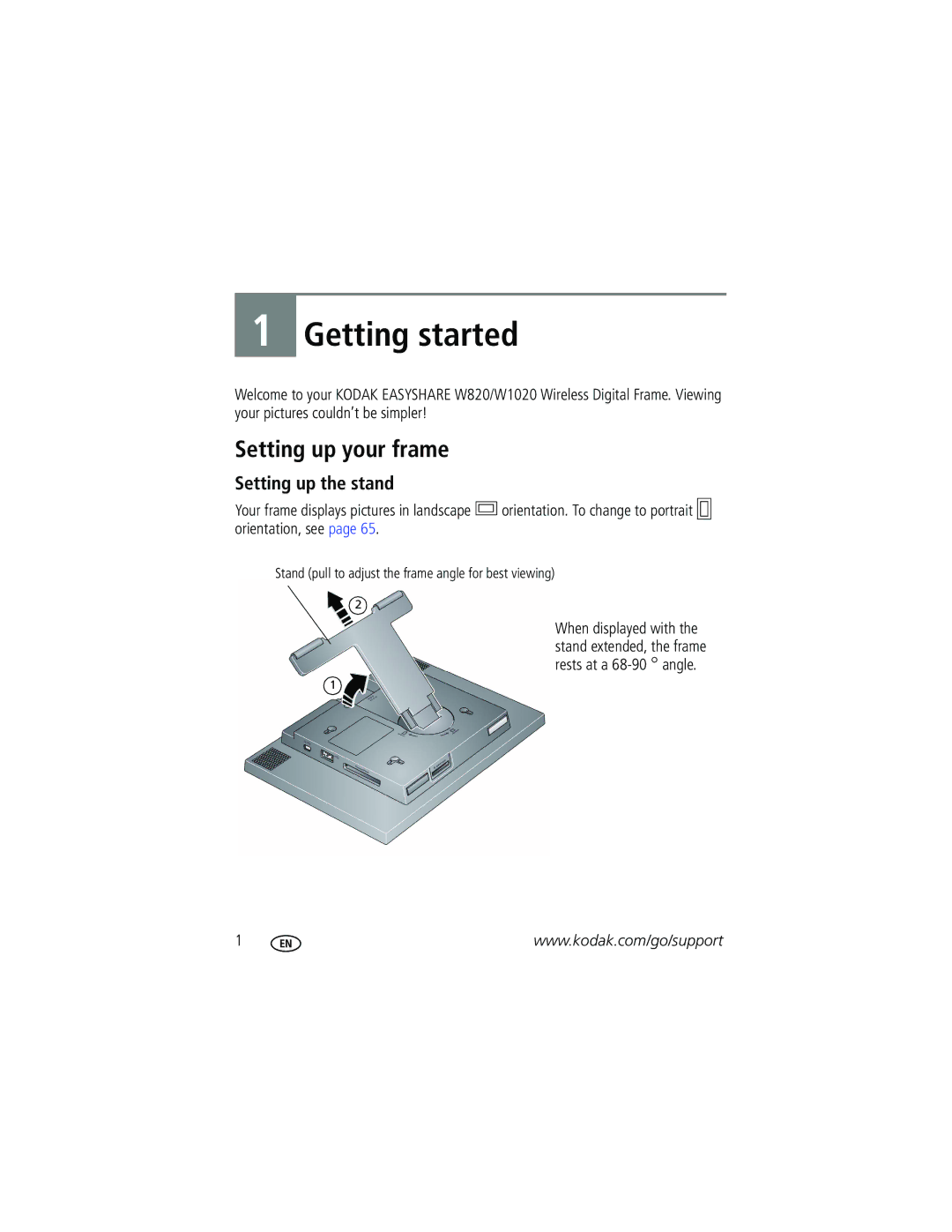 Kodak W820, W1020 manual Getting started, Setting up your frame, Setting up the stand 